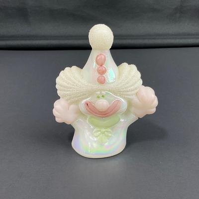 -12- FENTON | White & Pink Opalescent Frosted Hand Painted Clown | “Fools In Love”