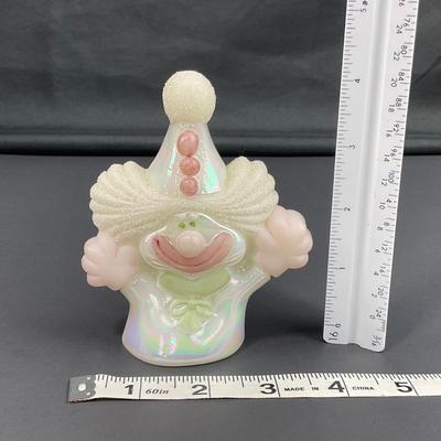 -12- FENTON | White & Pink Opalescent Frosted Hand Painted Clown | “Fools In Love”