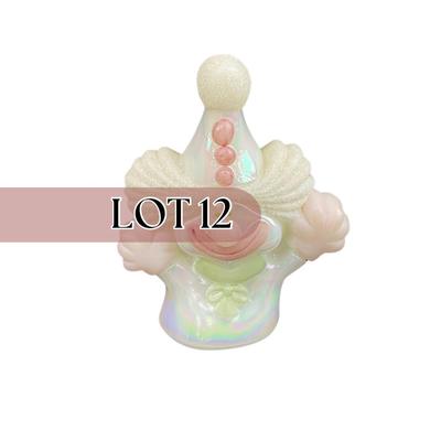 -12- FENTON | White & Pink Opalescent Frosted Hand Painted Clown | “Fools In Love”