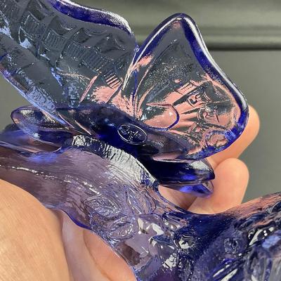 -14- FENTON | Blue Art Glass Butterfly On Branch Figure | Marked