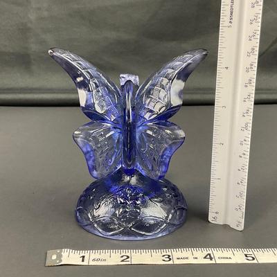 -14- FENTON | Blue Art Glass Butterfly On Branch Figure | Marked