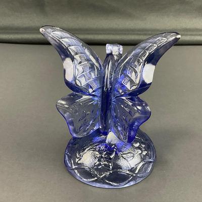 -14- FENTON | Blue Art Glass Butterfly On Branch Figure | Marked