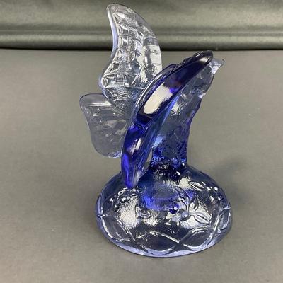 -14- FENTON | Blue Art Glass Butterfly On Branch Figure | Marked