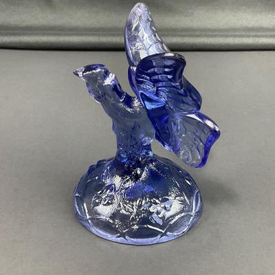 -14- FENTON | Blue Art Glass Butterfly On Branch Figure | Marked