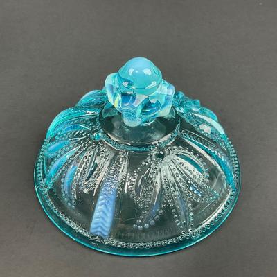 -17- FENTON | Art Glass Aqua Opalescent Cactus Lidded Dish | Vanity Jar
