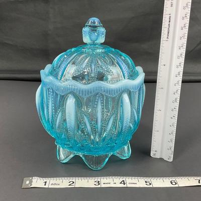 -17- FENTON | Art Glass Aqua Opalescent Cactus Lidded Dish | Vanity Jar