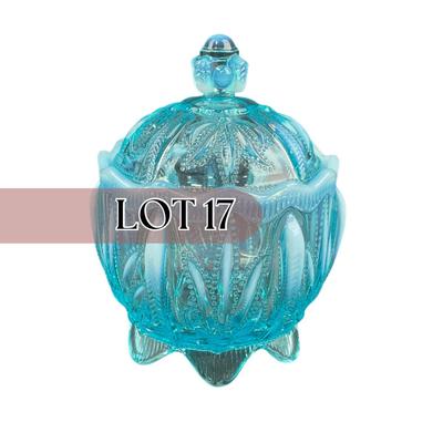 -17- FENTON | Art Glass Aqua Opalescent Cactus Lidded Dish | Vanity Jar