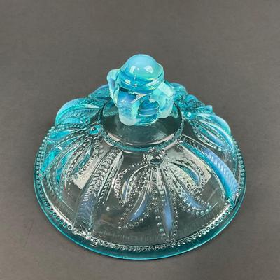 -17- FENTON | Art Glass Aqua Opalescent Cactus Lidded Dish | Vanity Jar