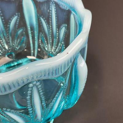 -17- FENTON | Art Glass Aqua Opalescent Cactus Lidded Dish | Vanity Jar