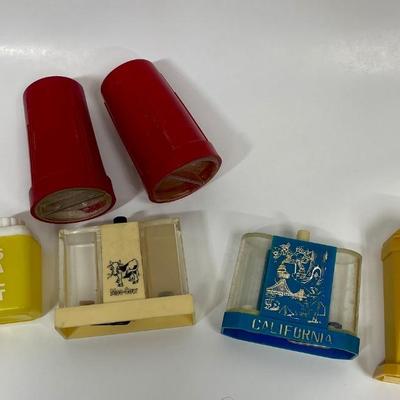 Vintage Retro Salt & Pepper Lot - MCM shakers Whirley Moo-Cow & Souvenir push button advertising