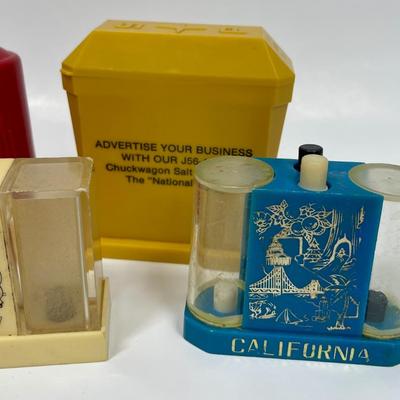Vintage Retro Salt & Pepper Lot - MCM shakers Whirley Moo-Cow & Souvenir push button advertising