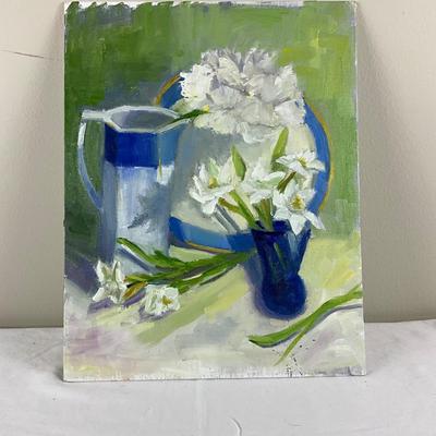 114 Original Still LIfe Oil Painting Still Life Blue and White with Paper Whites by Kathie Rogers