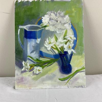 114 Original Still LIfe Oil Painting Still Life Blue and White with Paper Whites by Kathie Rogers