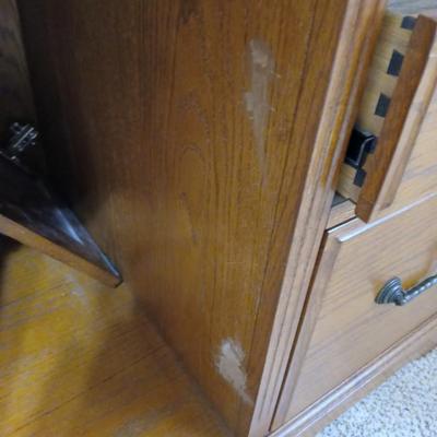 Golden Oak Desk with top hutch with two drawer keys and an office chair