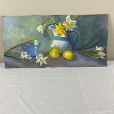 122 Original Oil Painting Still Life Daffodils with Blue White Pitcher by Kathie Rogers