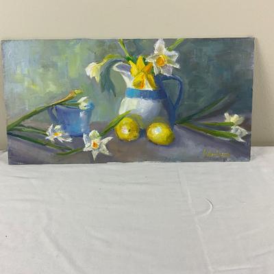 122 Original Oil Painting Still Life Daffodils with Blue White Pitcher by Kathie Rogers