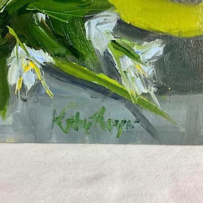 123 Original Oil Painting Still Life Flowers and Red Apple by Kathie Rogers