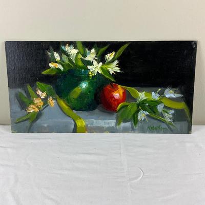 123 Original Oil Painting Still Life Flowers and Red Apple by Kathie Rogers