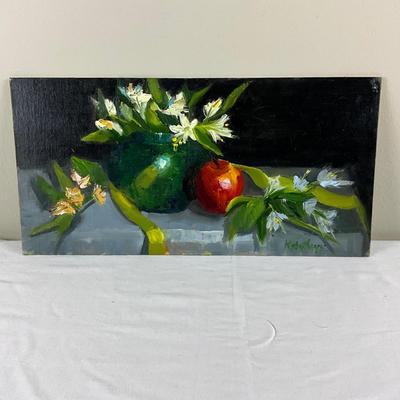 123 Original Oil Painting Still Life Flowers and Red Apple by Kathie Rogers