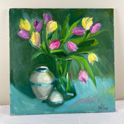 130 Original Oil Painting Still LIfe Tulips and Vase by Kathie Rogers
