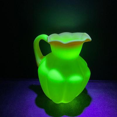 -18- URANIUM | Fenton Burmese Art Glass Pitcher