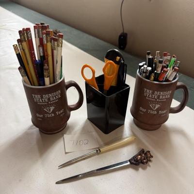 Denison State Bank mugs with mechanical and regular pencils