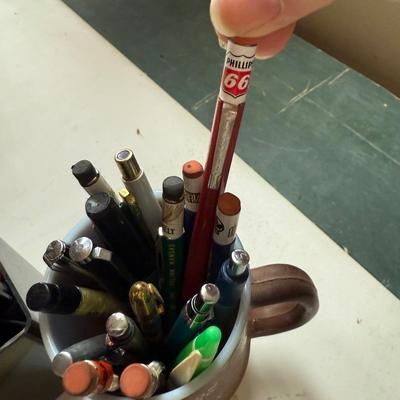 Denison State Bank mugs with mechanical and regular pencils
