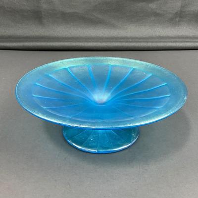 -19- FENTON | Wheel Cut Celeste Blue Iridescent Pedestal Dish