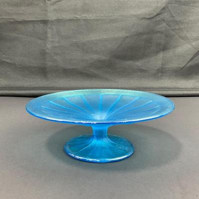 -19- FENTON | Wheel Cut Celeste Blue Iridescent Pedestal Dish