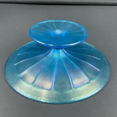 -19- FENTON | Wheel Cut Celeste Blue Iridescent Pedestal Dish