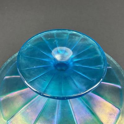 -19- FENTON | Wheel Cut Celeste Blue Iridescent Pedestal Dish