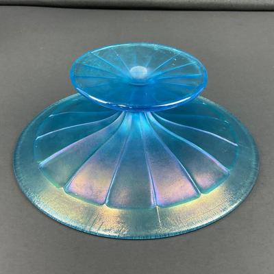 -19- FENTON | Wheel Cut Celeste Blue Iridescent Pedestal Dish