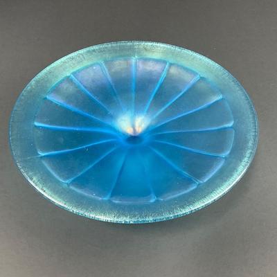 -19- FENTON | Wheel Cut Celeste Blue Iridescent Pedestal Dish