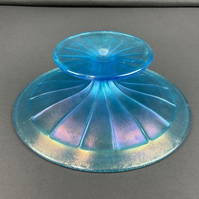 -19- FENTON | Wheel Cut Celeste Blue Iridescent Pedestal Dish