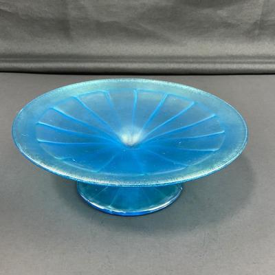 -19- FENTON | Wheel Cut Celeste Blue Iridescent Pedestal Dish