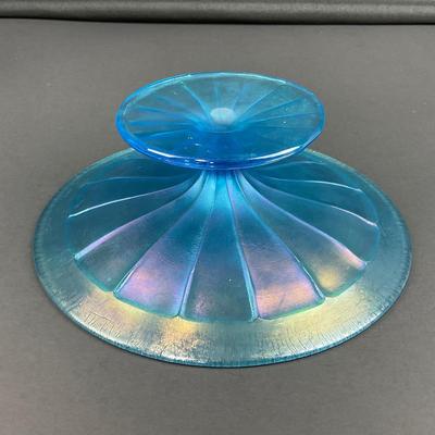 -19- FENTON | Wheel Cut Celeste Blue Iridescent Pedestal Dish