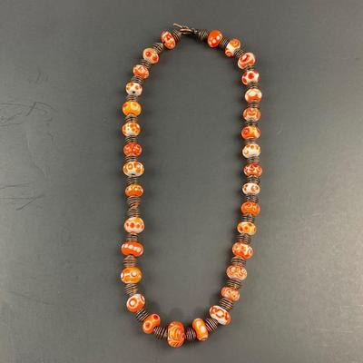 -20- ARTISAN | Orange, White, Red, Dot Donut Glass Bead & Copper Art Necklace