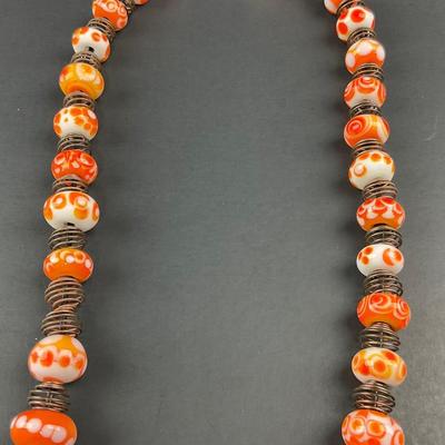 -20- ARTISAN | Orange, White, Red, Dot Donut Glass Bead & Copper Art Necklace