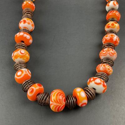 -20- ARTISAN | Orange, White, Red, Dot Donut Glass Bead & Copper Art Necklace
