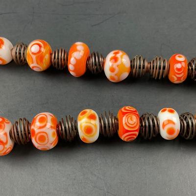 -20- ARTISAN | Orange, White, Red, Dot Donut Glass Bead & Copper Art Necklace