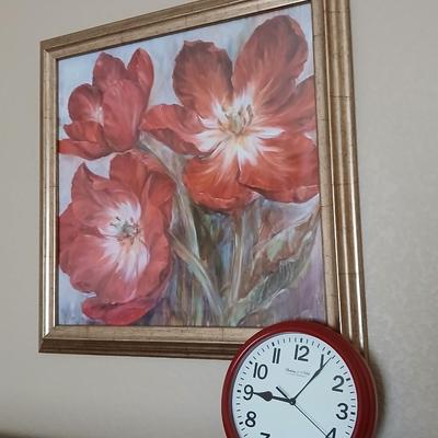 Firey Floral I 20 x 20 Made on Earth framed wall art with Sterling & Noble clock company wall clock