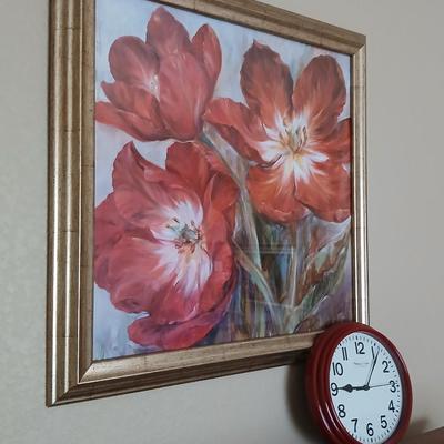 Firey Floral I 20 x 20 Made on Earth framed wall art with Sterling & Noble clock company wall clock