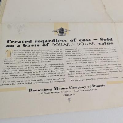 Duesenberg Motors Vintage 1930's Foldout Brochure