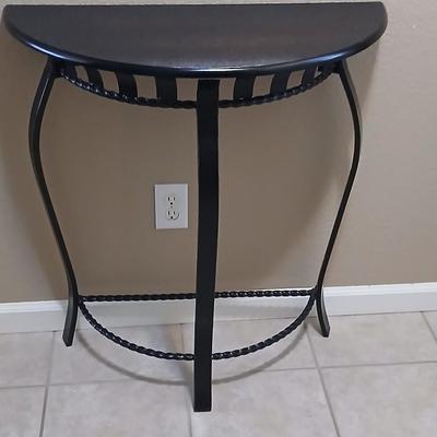 Half-moon wooden topped wrought iron framed entry table