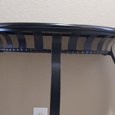 Half-moon wooden topped wrought iron framed entry table