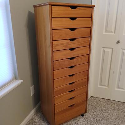Adeptus Original Roll Cart, Solid Wood, 12 Drawer Narrow Drawers Roll Cart, Medium Pine