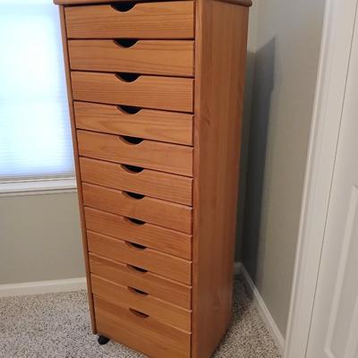Adeptus Original Roll Cart, Solid Wood, 12 Drawer Narrow Drawers Roll Cart, Medium Pine