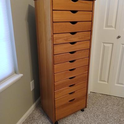 Adeptus Original Roll Cart, Solid Wood, 12 Drawer Narrow Drawers Roll Cart, Medium Pine