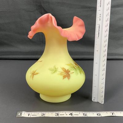 -36- URANIUM | Fenton Burmese Leaf Decorated Ruffled Edge Vase