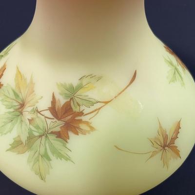 -36- URANIUM | Fenton Burmese Leaf Decorated Ruffled Edge Vase